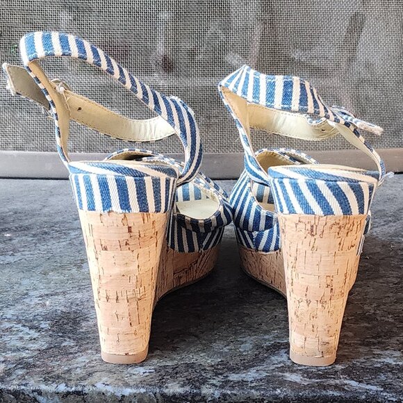 Eva & Zoe Blue/White Striped Sexy 1940s Cork Wedge Sandals Size 8 - Picture 16 of 16